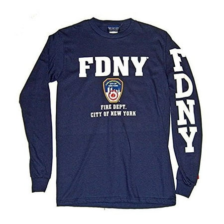 FDNY Kids Long Sleeve Screen Print T-Shirt Navy White NYFD Tee Boys (Youth L)