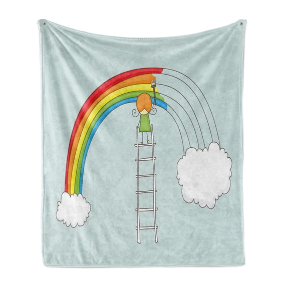 Cloud Soft Flannel Fleece Throw Blanket, Doodle of a Girl on Ladder Painting Rainbow with Clouds on Pale Toned Background, Cozy Plush for Indoor and Outdoor Use, 70" x 90", Multicolor, by Ambesonne