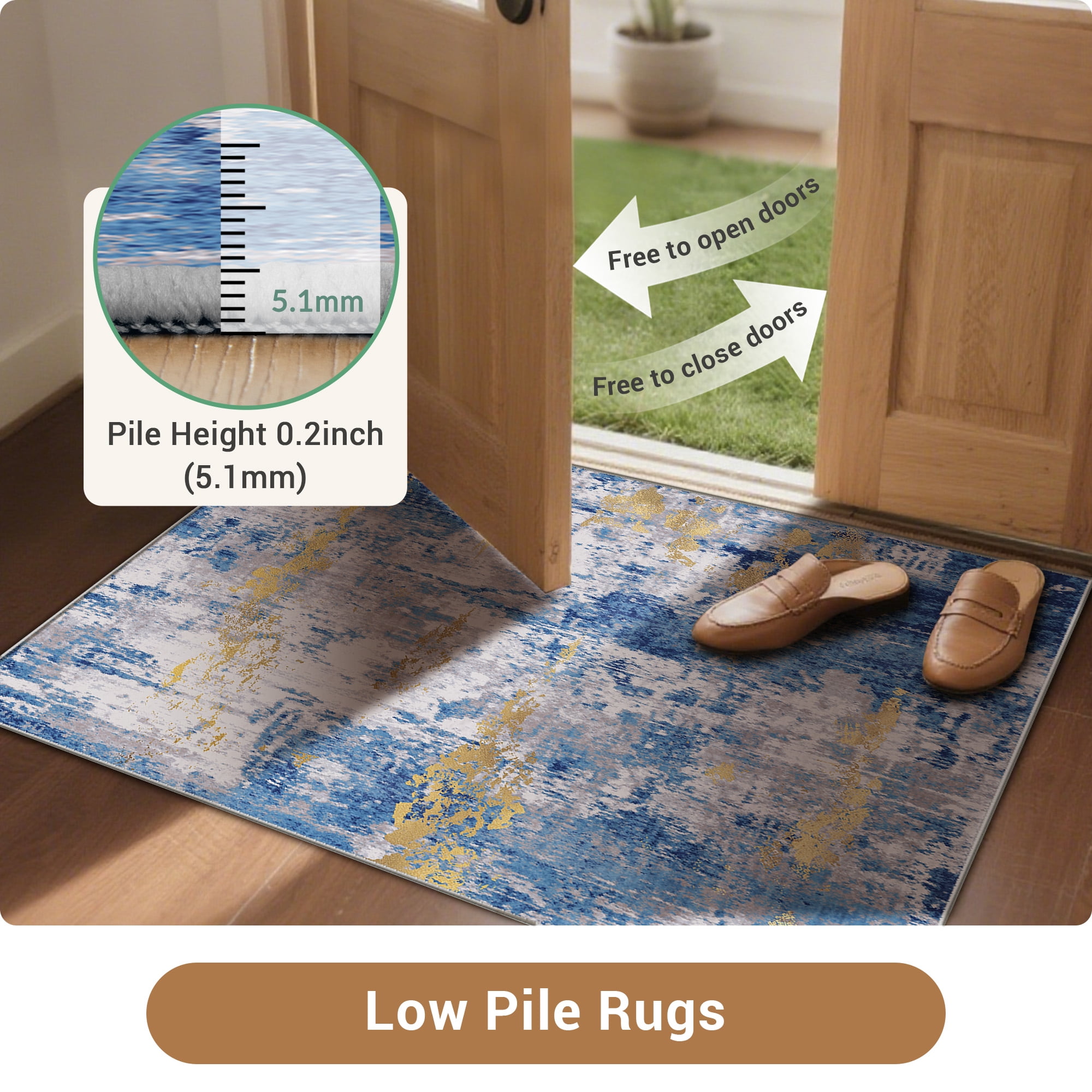 NewBuros Area Rugs 8'x10', Modern Abstract Non-Slip Washable Rugs for Living Room, Soft Low Pile Stain Resistant Indoor Carpet for Bedroom Dining Room Playroom, Blue Gold