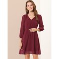 thumbnail image 2 of Vestido De Gasa Fluido Sólido Con Cintura Elástica Con Cuello En V Y Manga 3/4 Para Mujer Fucsia M, 2 of 6