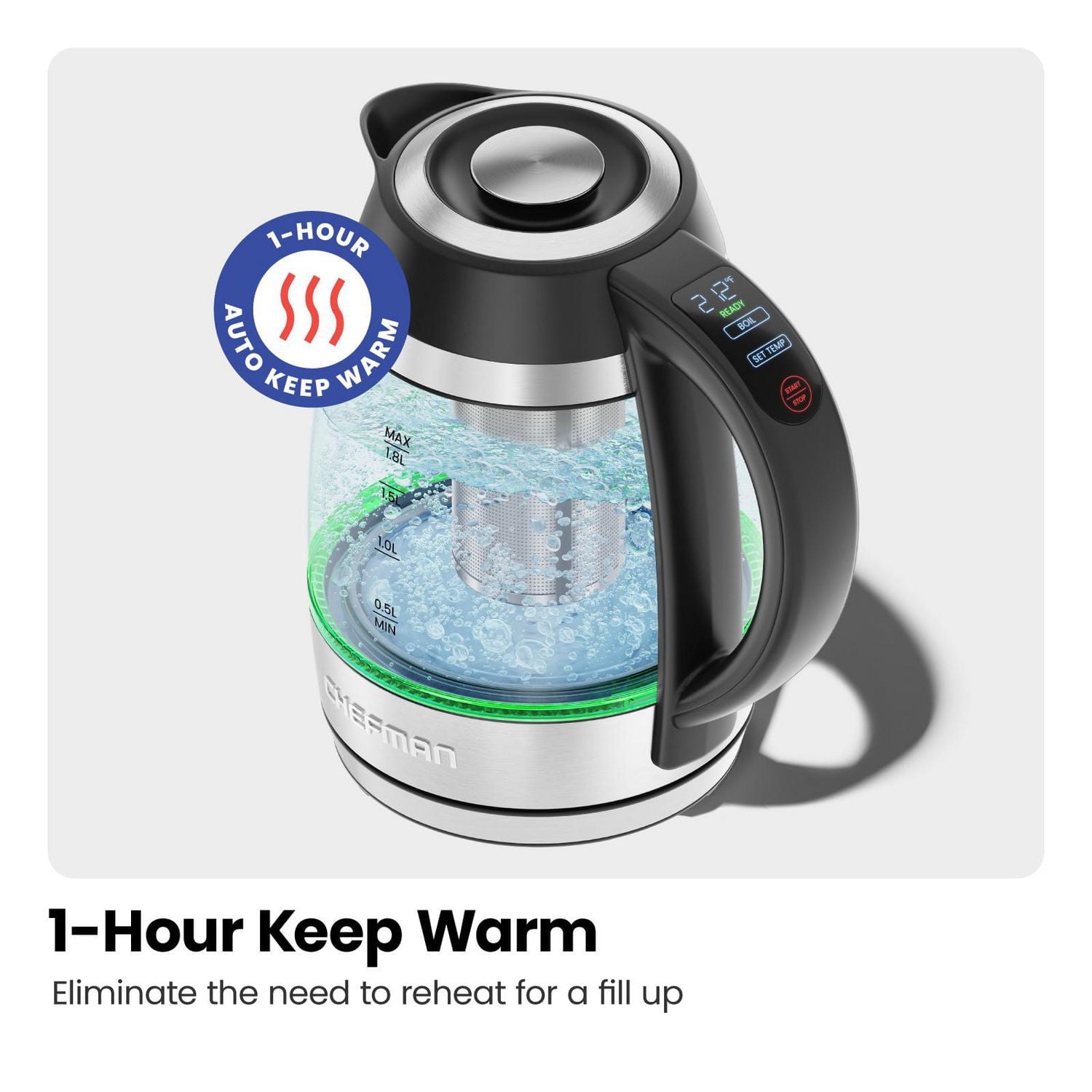 Bouilloire électrique Chefman 1.8L avec infuseur de thé - Acier inoxydable, Nouveau