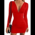 thumbnail image 1 of Vestido Mini de Fiesta Ajustado con Escote en V y Larga para Mujer Rojo XS, 1 of 8
