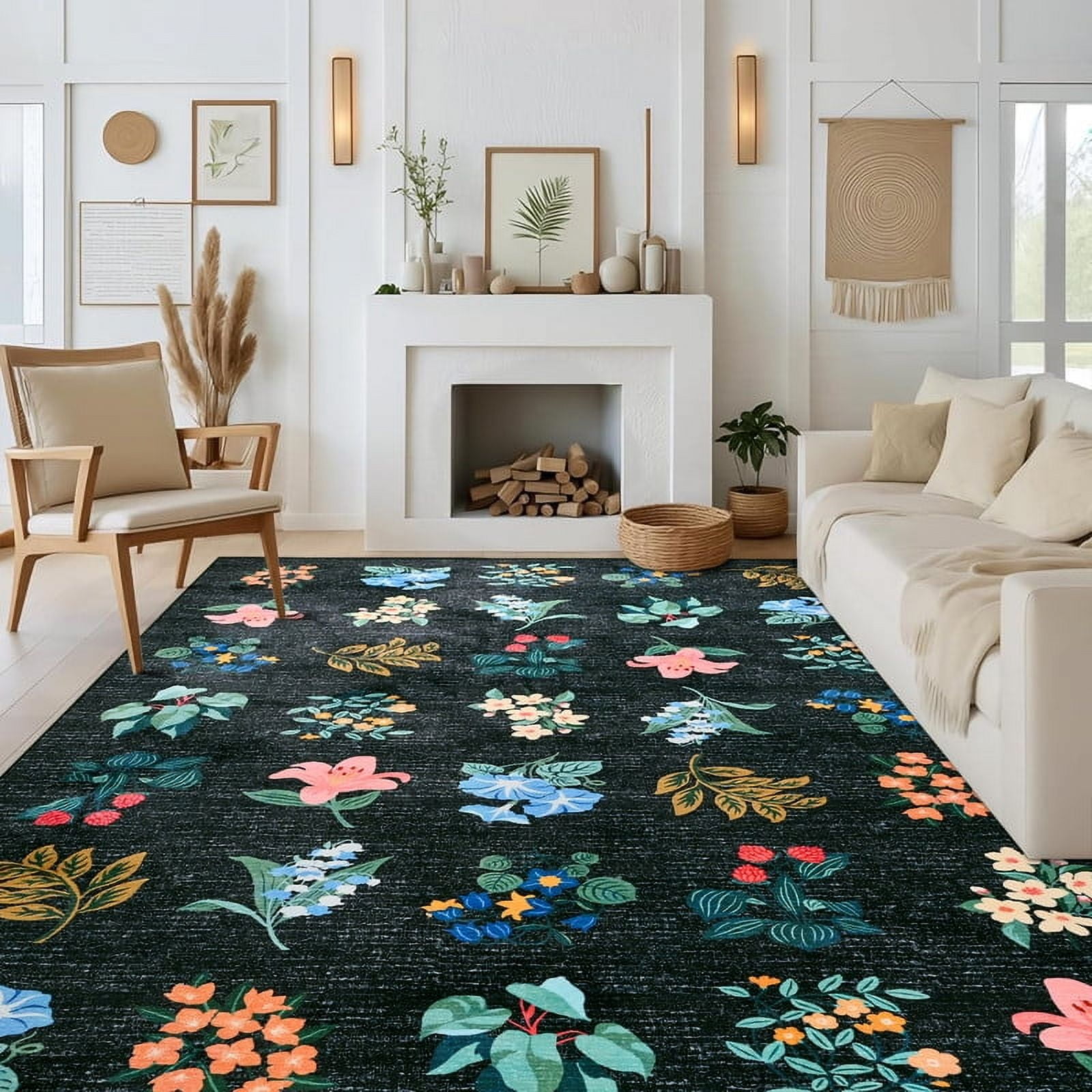 Jamfeel Rugs for Living Room Classic Boho Floral Print Floor Carpets Soft Low Pile Non-slip Washable Area Rug 4'x6' Blue