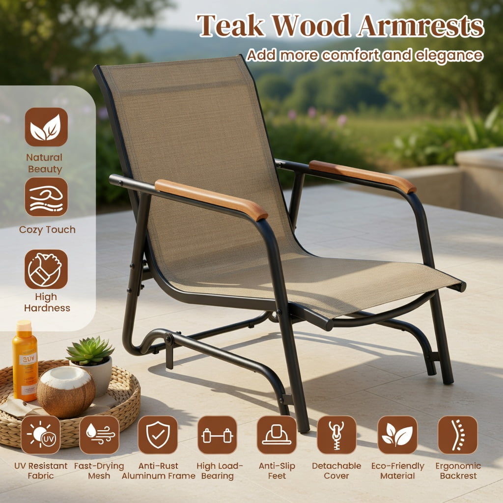 Hommoo 2-Piece Outdoor Glider Chair Set with Teak Wood Armrests, Breathable Fabric Seats & Sturdy Metal Frame for Patio, Porch, or Poolside, Brown