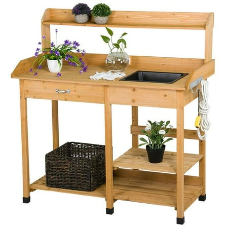 Wooden Potting Bench Garden Table With Drawer Removable Sink