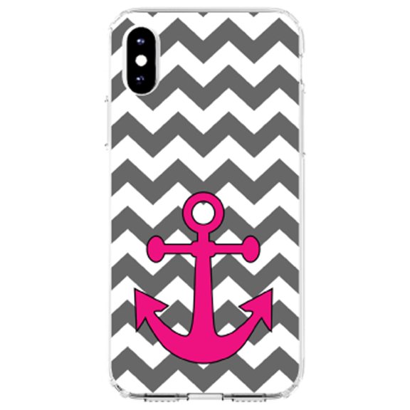 DistinctInk Clear Shockproof Hybrid Case for iPhone XR (6.1" Screen) - TPU Bumper, Acrylic Back, Tempered Glass Screen Protector - Grey White Pink Chevron Anchor - Nautical Chevron Anchor Design