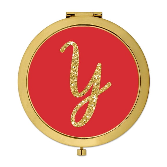Koyal Wholesale Gold Compact Mirror Bridesmaid's Wedding Gift, Red with Faux Gold Glitter, Monogram Letter Y, 1-Pack