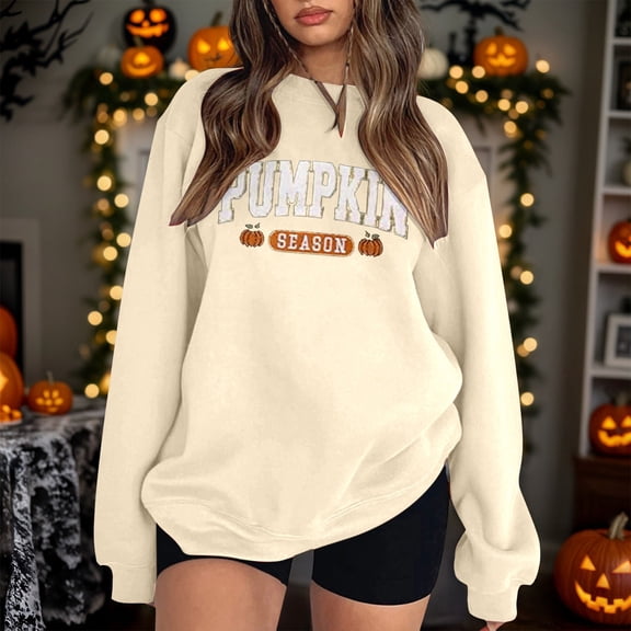 Womens Sweatshirt Crew Neck Vintage Halloween Pumpkin Season Letter Graphic Long Sleeve Oversized Streetwear Holiday Loose Pullover Tops Beige L