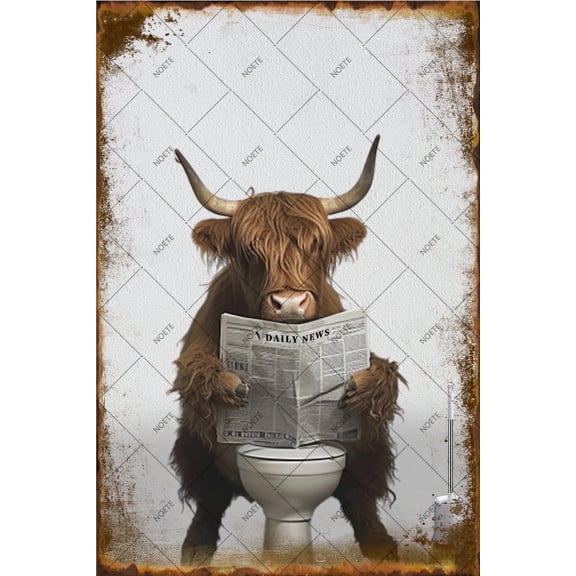 Noete Cow Toilet Reading Metal Sign 8x12 Inch, Vintage Funny Highland Cow Reading Newspaper on Toilet Wall Art for Home, Office, Bar, Cafe & Bathroom Decor