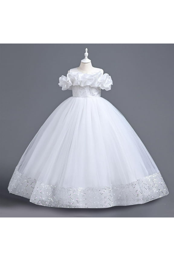 Off The Shoulder Sequin Tulle Prom Dress for Flower Girls A-line Puffy Princess Dresses Full Length Pageant Gowns