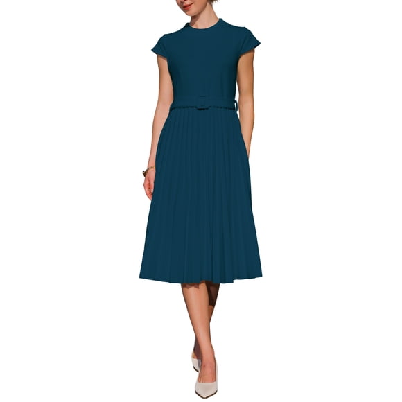 Women's Pleated Dress Mock Neck Cap Sleeve Belted A-Line Dresses M Peacock Blue