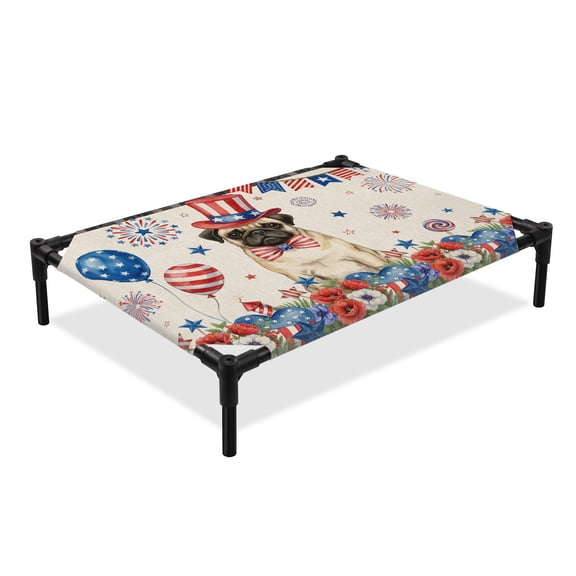Independence Day Elevated Dog Bed, Cartoon Pug Dog Colorful Poppy Linen Texture Cooling Breathable Outdoor Raised Dog Cot Bed with Metal Frame Non-Slip Feet for Large Dog 28x22in