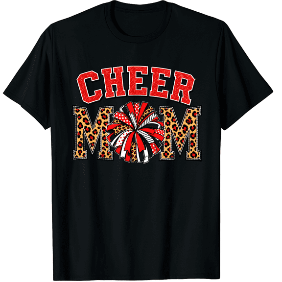KeHetSoft Women's Red Leopard Pom Cheer Mom Cotton Graphic T-Shirt
