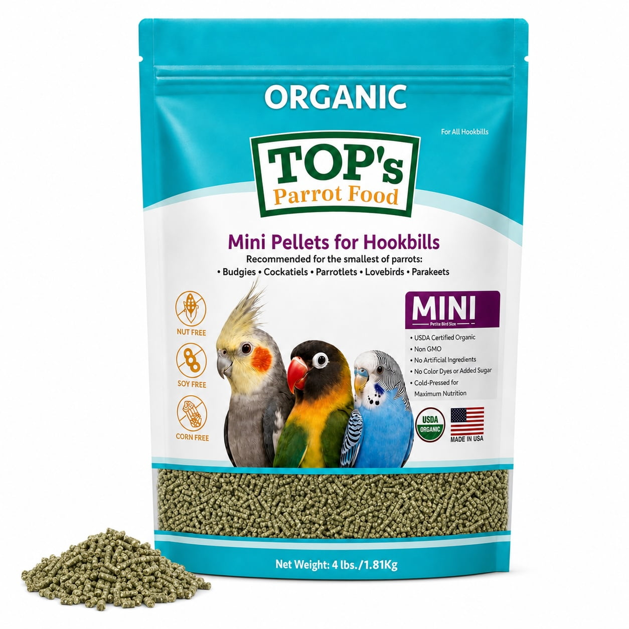 TOP's Parrot Food Mini Pellets for Budgies, Cockatiels, Lovebirds, Parrotlets & Parakeets, USDA Organic Certified, Non-GMO, Corn, Soy & Peanut Free, 4 lb