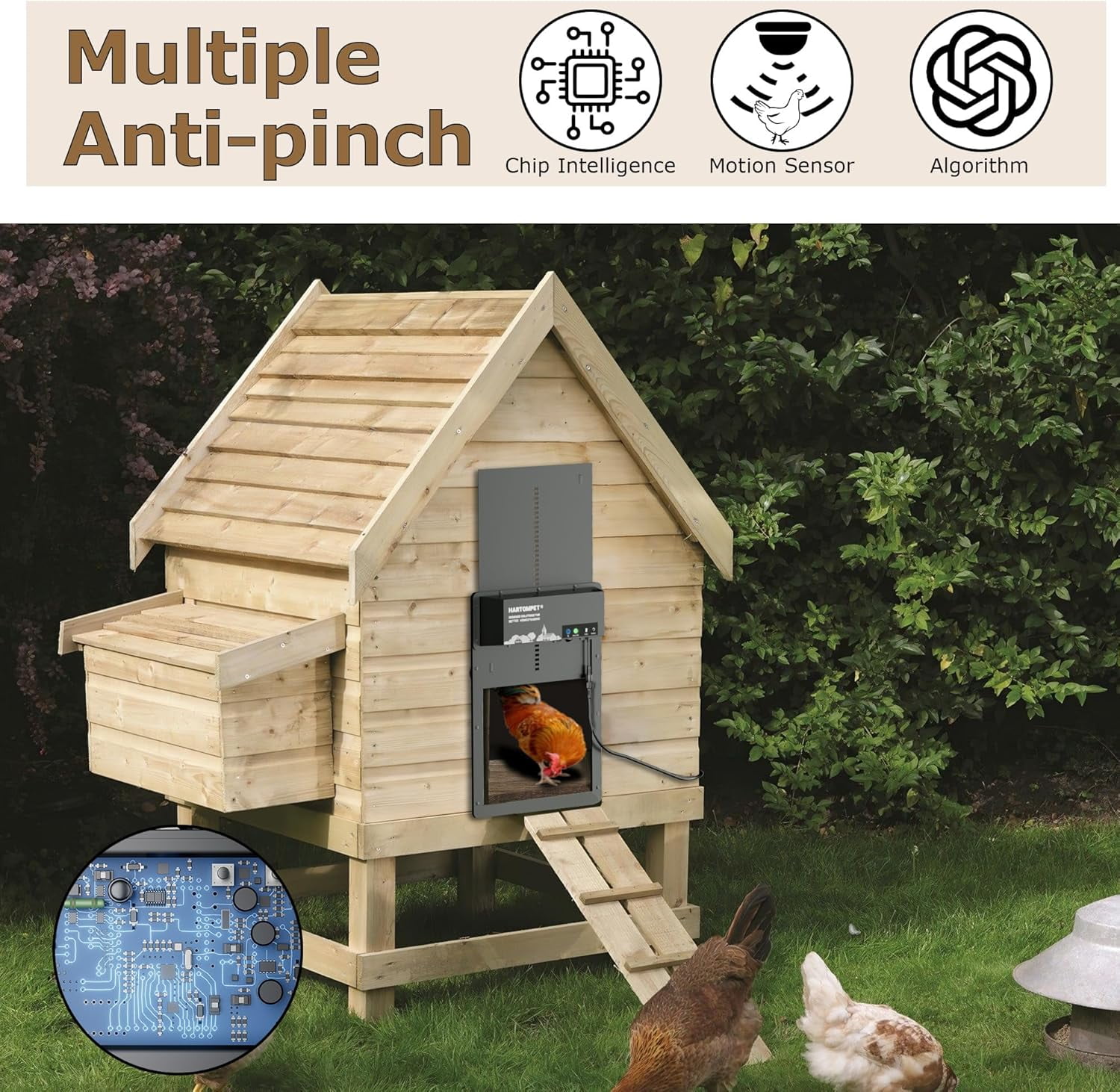 HARTOMPET Automatic Chicken Coop Door – Aluminum Weatherproof Door with Anti-Pinch Sensor, App Control, Plug & Play Installation