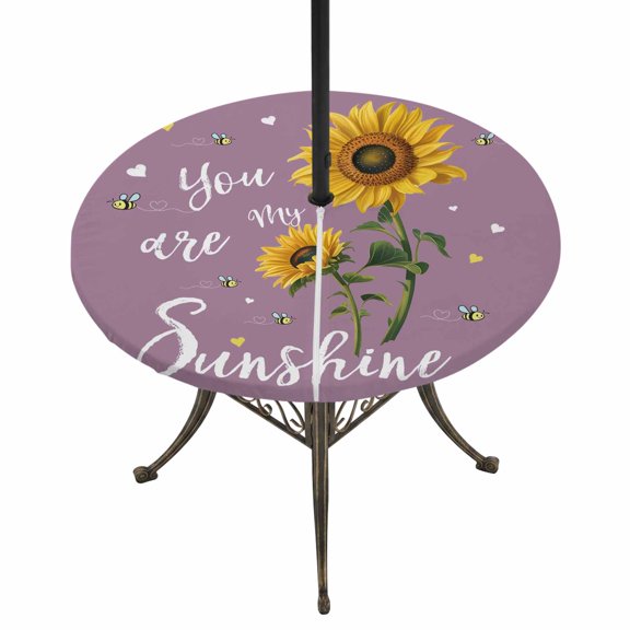 Round Outdoor Tablecloth with Umbrella Hole and Zipper, Violet Sunshine Sunflower Tablecloth with Elastic Waterproof, Pastoral Bees Farmhouse Floral Patio Table Covers for 55" - 60" Pool Tables