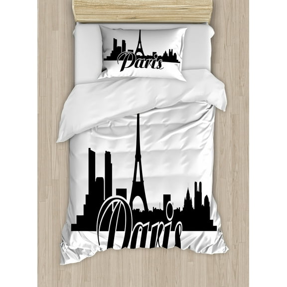 Eiffel Tower Duvet Cover Set Twin Size, Basic Typographic Modern Design of France Paris with Cityscape, Decorative 2 Piece Bedding Set with 1 Pillow Sham, Charcoal Grey and White, by Ambesonne