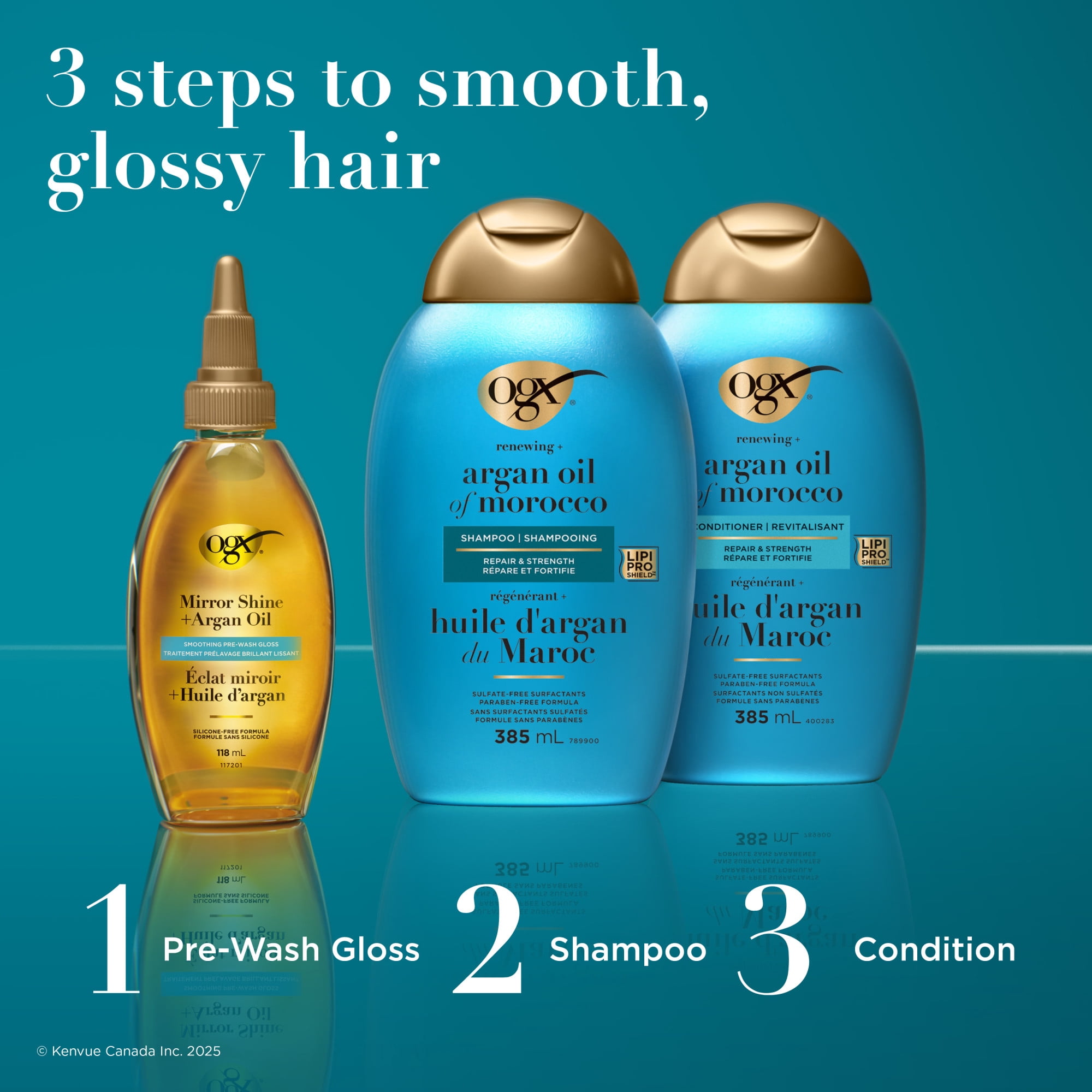 OGX Mirror Shine + Argan Oil Pre-Wash Hair Gloss, Smoothing Rinse Out Treatment for 48 Hours of Glossy Shine* & Nourishing Repair, Lightweight Hair Oil Mends Split Ends***, 118 mL