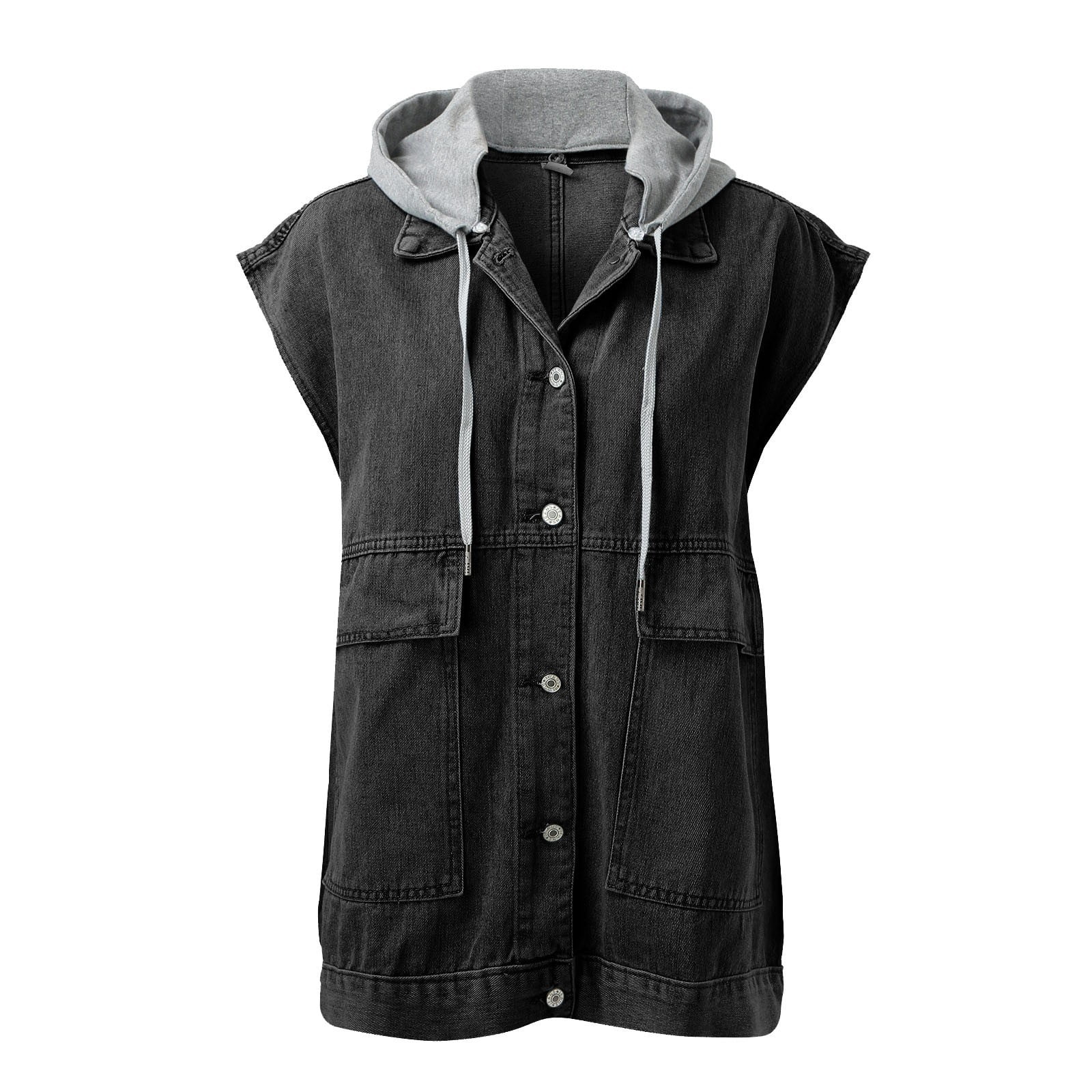 Women Lapel Loose Blouse Fashion Loose Denim Waist Coat Sleeveless Vest Button Hooded Detachable Coat Running Vest Half Jackets for Women Holiday Vests for Women down Vests Women plus Size Winter