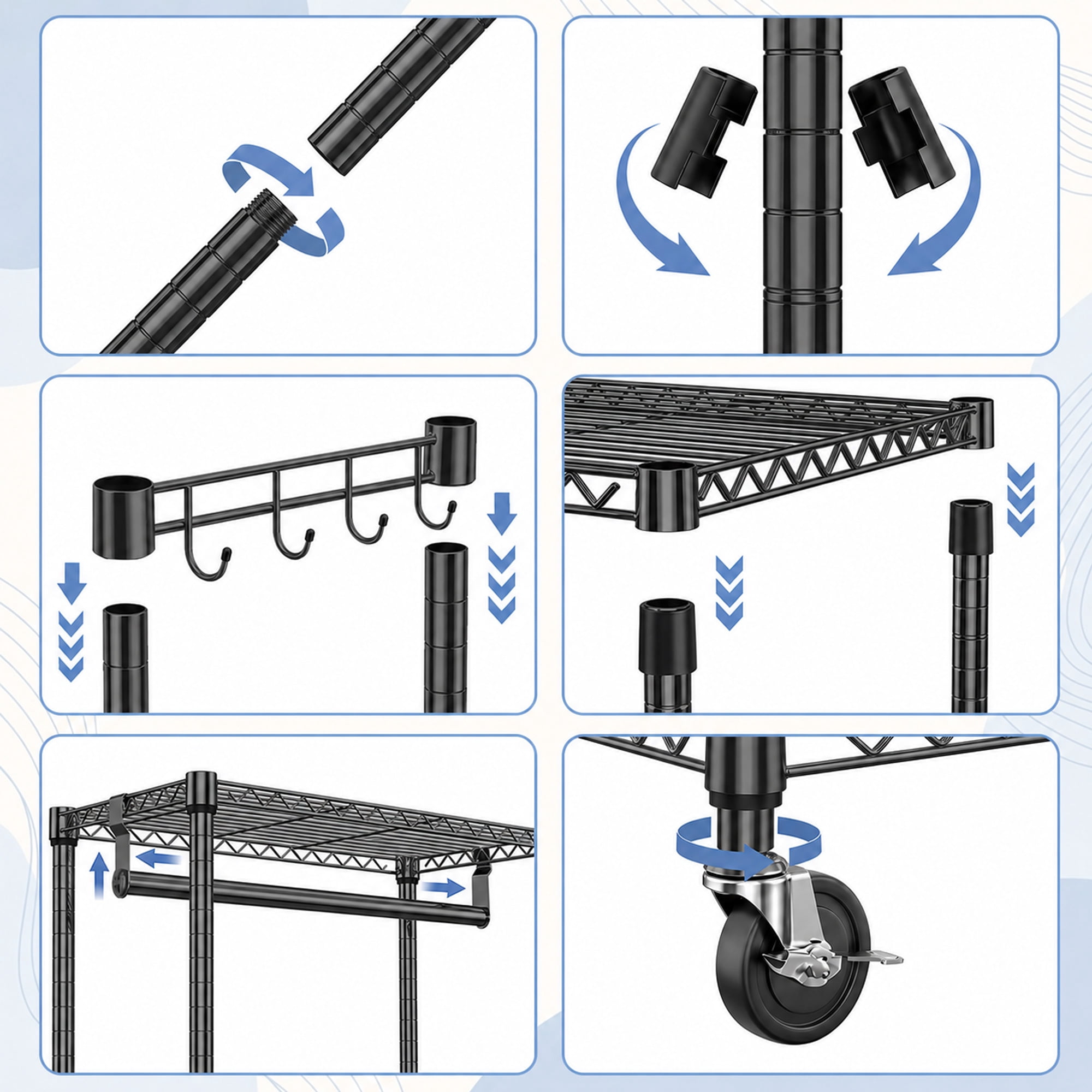 Leumius Heavy Duty Rolling Garment Rack, 3 Tiers Adjustable Wire Shelving Clothes Rack with Rods and Side Hooks,Storage Closet Clothing Rack with Wheels for Laundry Room Bedroom Cloakroom Black