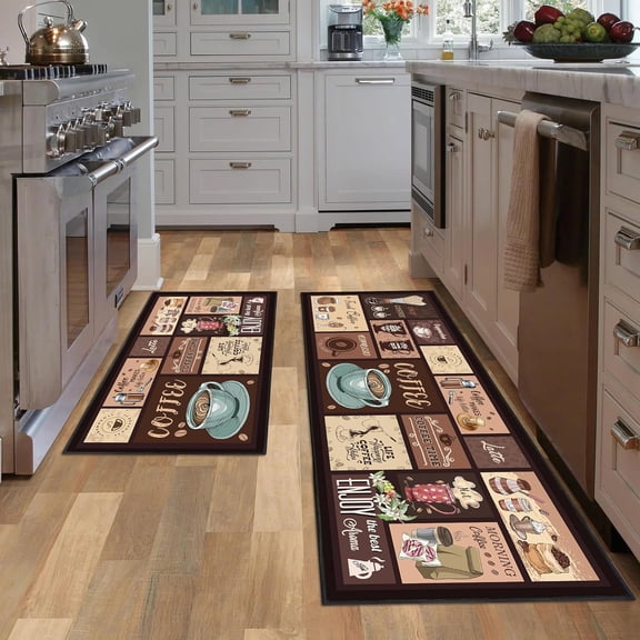Coffee Kitchen Rug 2 Piece Set, Farmhouse Style Decor Kitchen Floor Mat, Non-Slip Absorbent and Washable Runner Rug, Coffee Vintage Kitchen Decoration 17x30 17x47 Inches