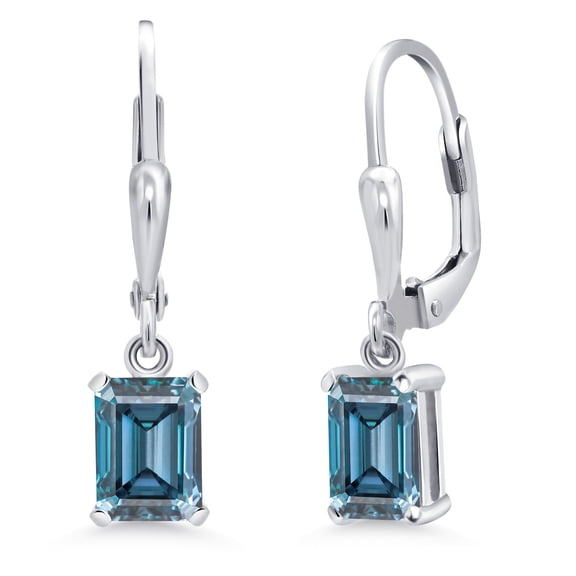 Gem Stone King 925 Sterling Silver Persian Blue Moissanite Dangle Dangling Earrings for Women (2.00 Cttw, Gemstone Birthstone, Emerald Cut 7X5MM)