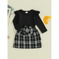 thumbnail image 3 of Suealasg Kids Girls Spring Skirt Set 6M 1T 2T 3T 4T 5T Long Sleeve Round Neck Tops +Tweed Plaid Print Bow Skirt Set 2 Piece Casual Autumn Clothing for Child Girls, 3 of 9