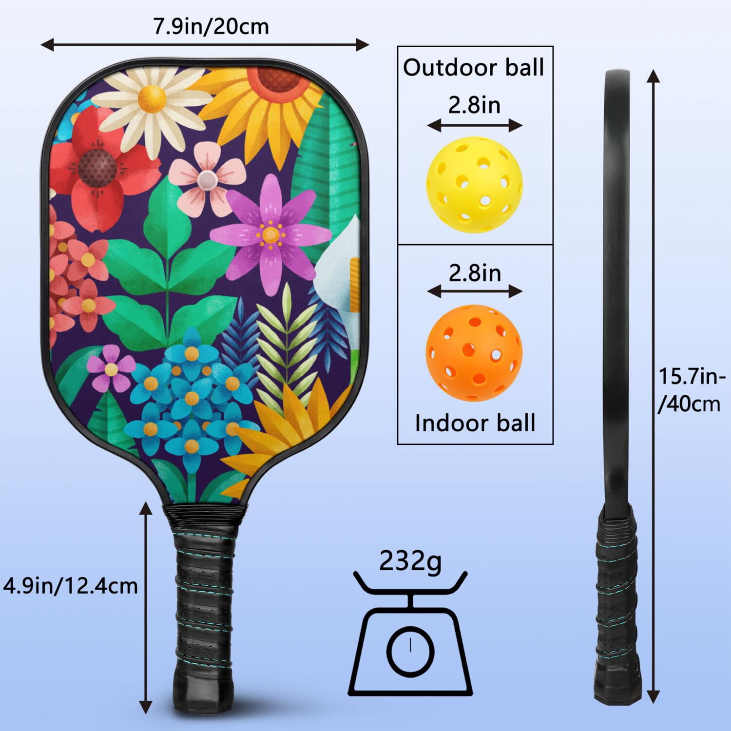 Pickleball Paddles Set Of 1, Fiberglass Surface, Vintage Floral Print, 1 Paddle, 2 Balls & Bag