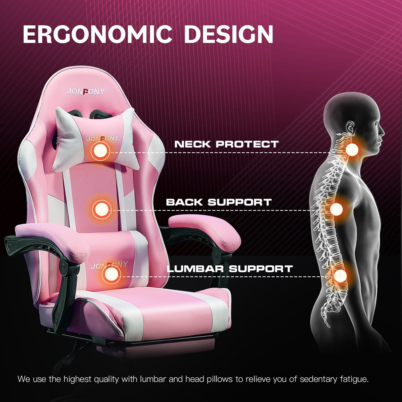 JONPONY Big and Tall Gaming Chair, Ergonomic Design, Gamer Chair PU Leather with Footrest and Lumbar Support, High Back Office Chair Support 8 Hours Long Sitting, Computer Chair,Pink White