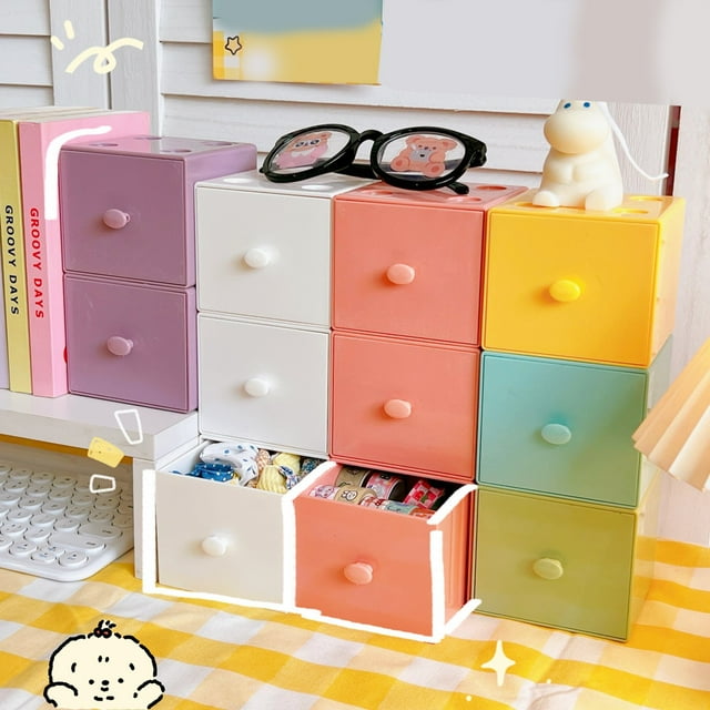 Storage Box Drawer Type Stackable Plastic Desktop Macaron Square Storage Organizer for Vanity
