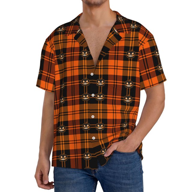 Fotbe Halloween Tartan Plaid Camisa Estampada de Manga Corta para Hombre, Casual de Verano, Estilo Playero, Sin Arrugas-4X-Large
