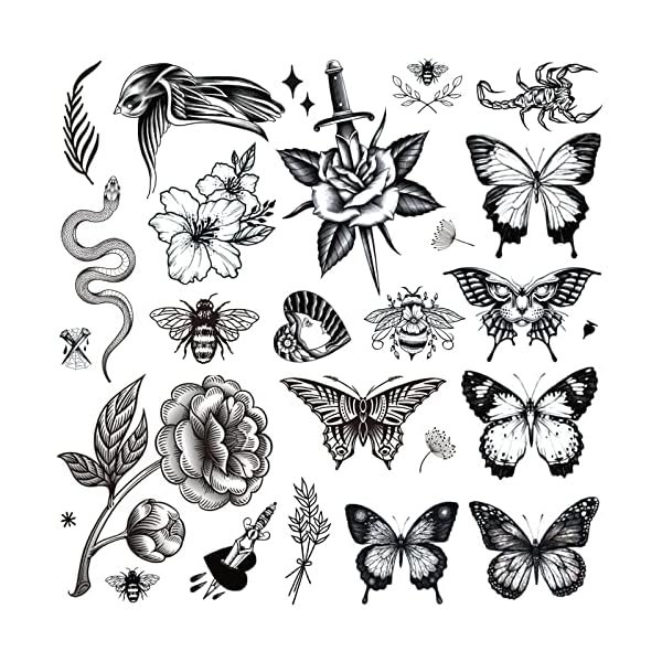 wonima02 8 Sheets Large Black Tattoos for Women Girls Butterfly Snake Bee Swallow Flowers Scorpion Fake Tattoos Realistic Adult Classic Tattoos