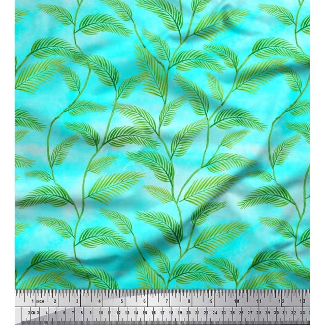 Soimoi Blue Poly Georgette Fabric Pine Leaves Print Fabric by Yard 52 Inch Wide