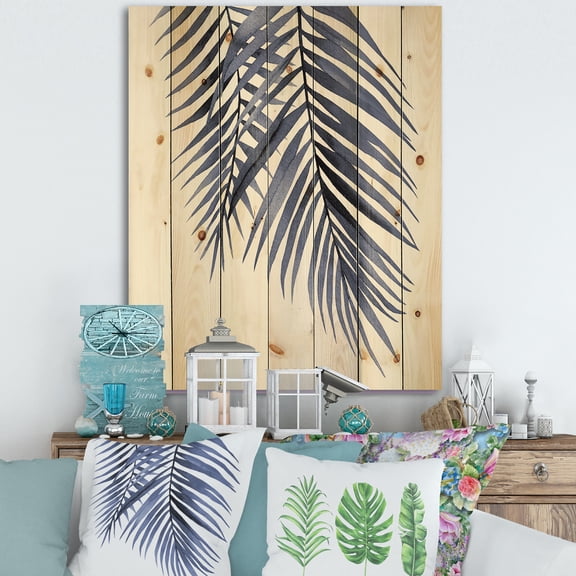 Designart 'Abstract Blue Palm Leaves Tropical Branches' Traditional Print on Natural Pine Wood