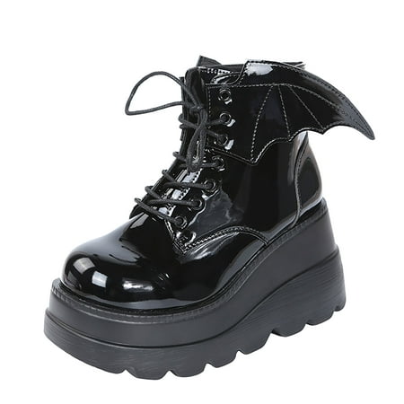 

Lhked Women s Shoes Fashion Round Toe Wedge Heel Low-barrel Lace-up Patent Leather Shiny Boots& Black