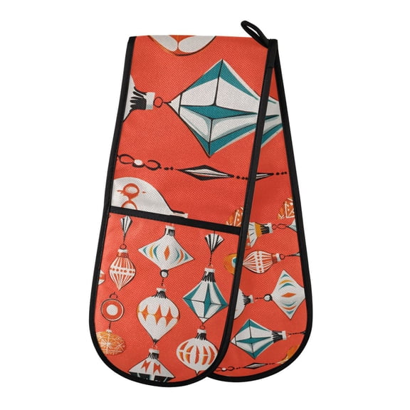 Yayeee Double Oven Mitt Kitchen Heat Resistant Baking 35" x7" Quilted Glove, Retro Christmas Ornaments Pattern