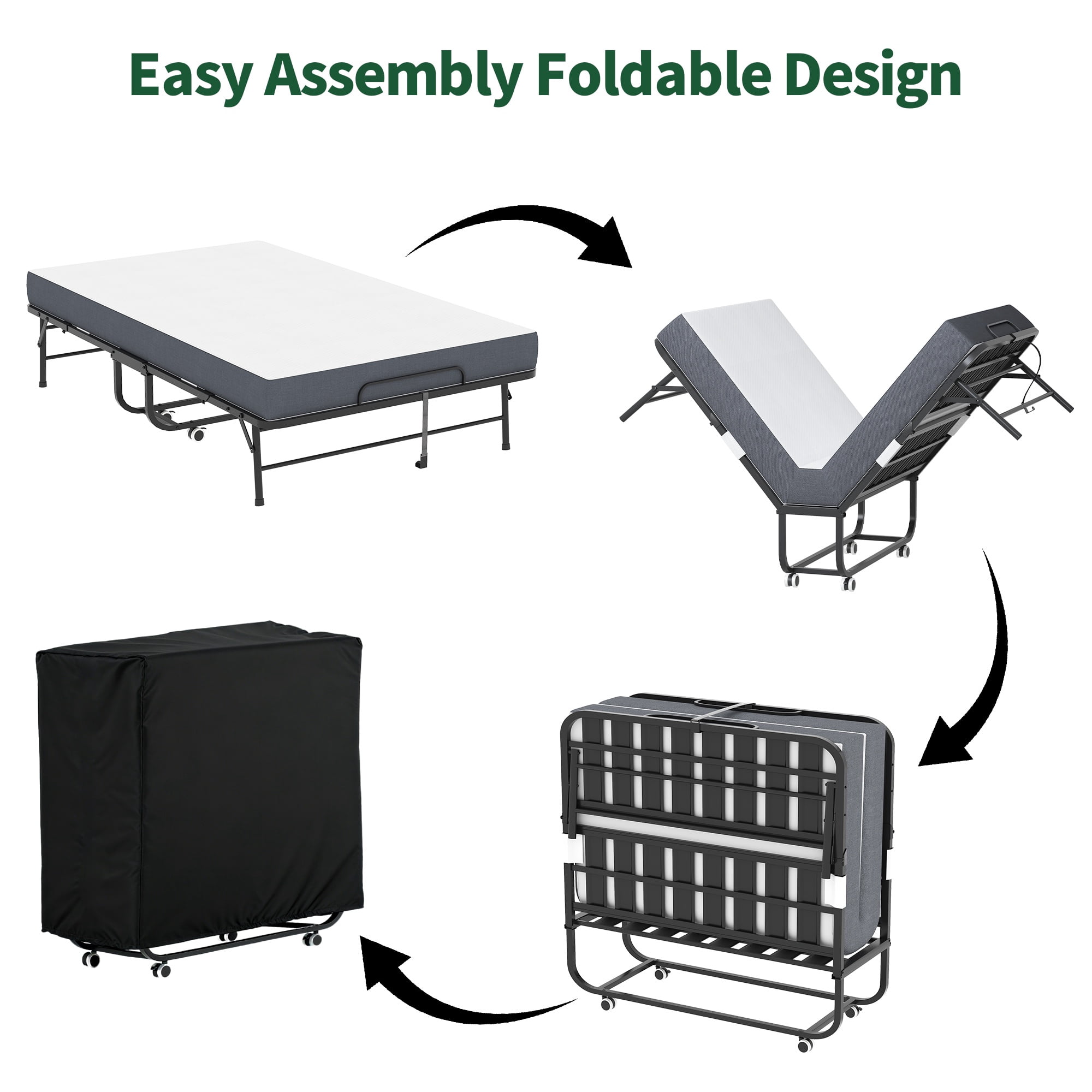 PORKISS Extra Wide Folding Bed with Mattress for Adults, Rollaway Guest Bed with 5" Memory Foam Mattress, Portable Foldable Bed with Locking Wheels, Space Saving Guest Bed, 74.8" x 45.6"