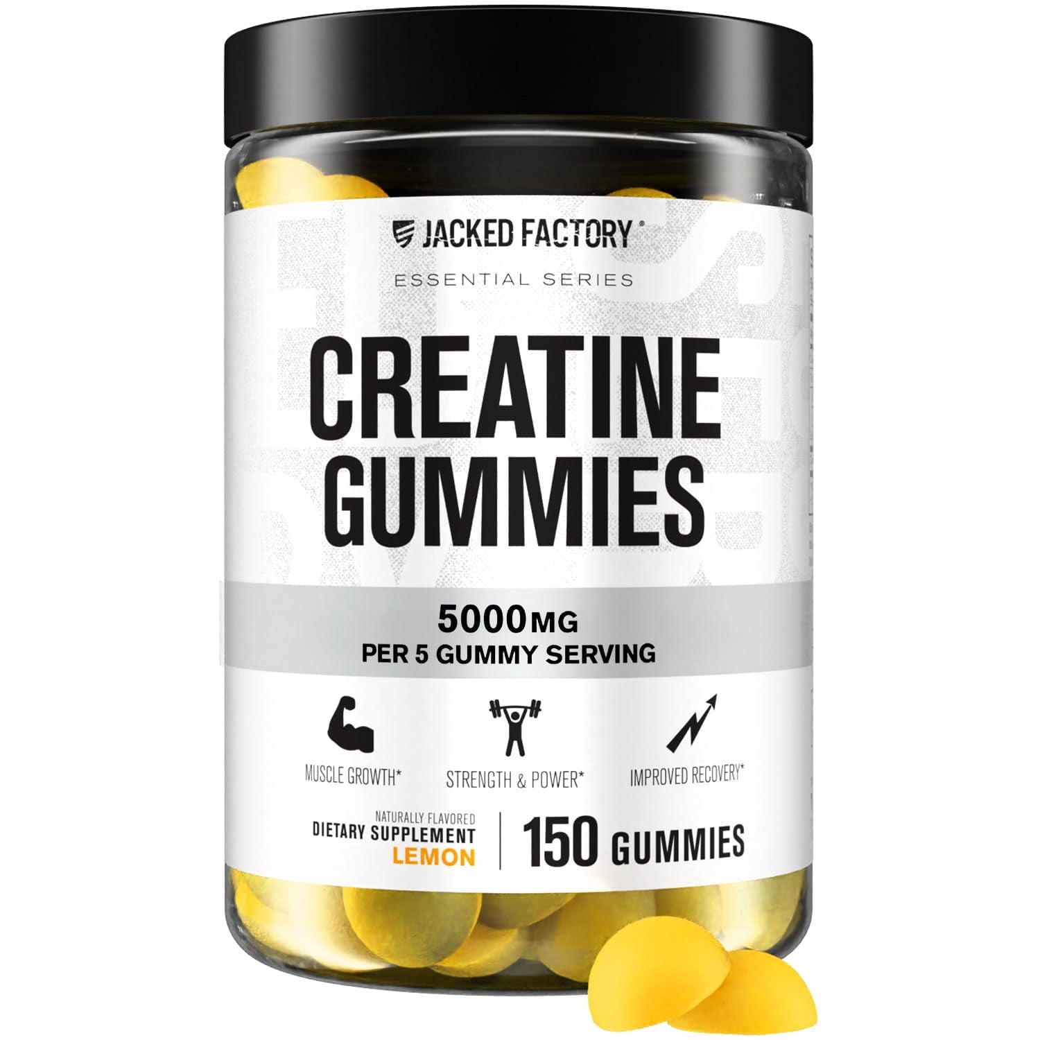 Jacked Factory Creatine Monohydrate Gummies 5g Daily Dose (1g per Gummy) - Creatine Gummy for Men and Women, Vegan-Friendly, Travel-Friendly, Third-Party Tested - 150 Gummies, Lemon