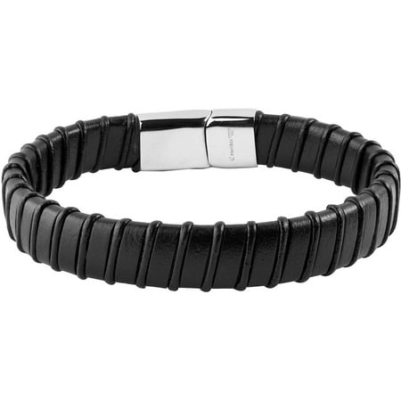 Crucible Stainless Steel Black Leather Stripped Bracelet