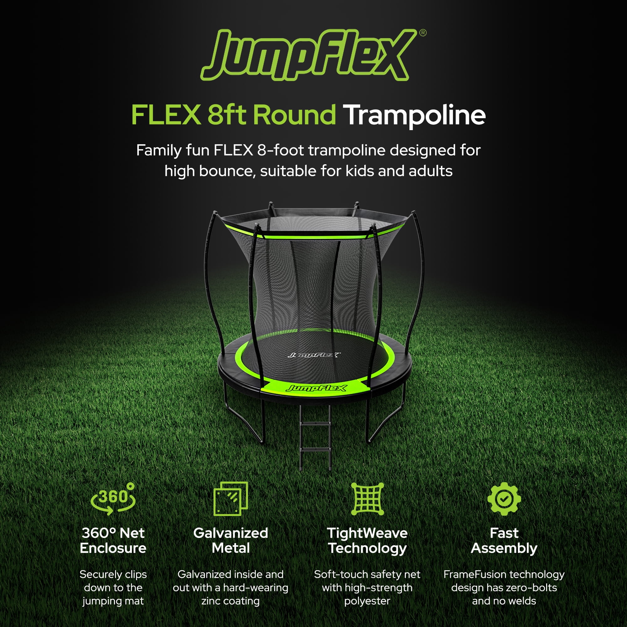Jumpflex FLEX 8' Round Trampoline, Outdoor Play Equipment with PROJAM Basketball Hoop