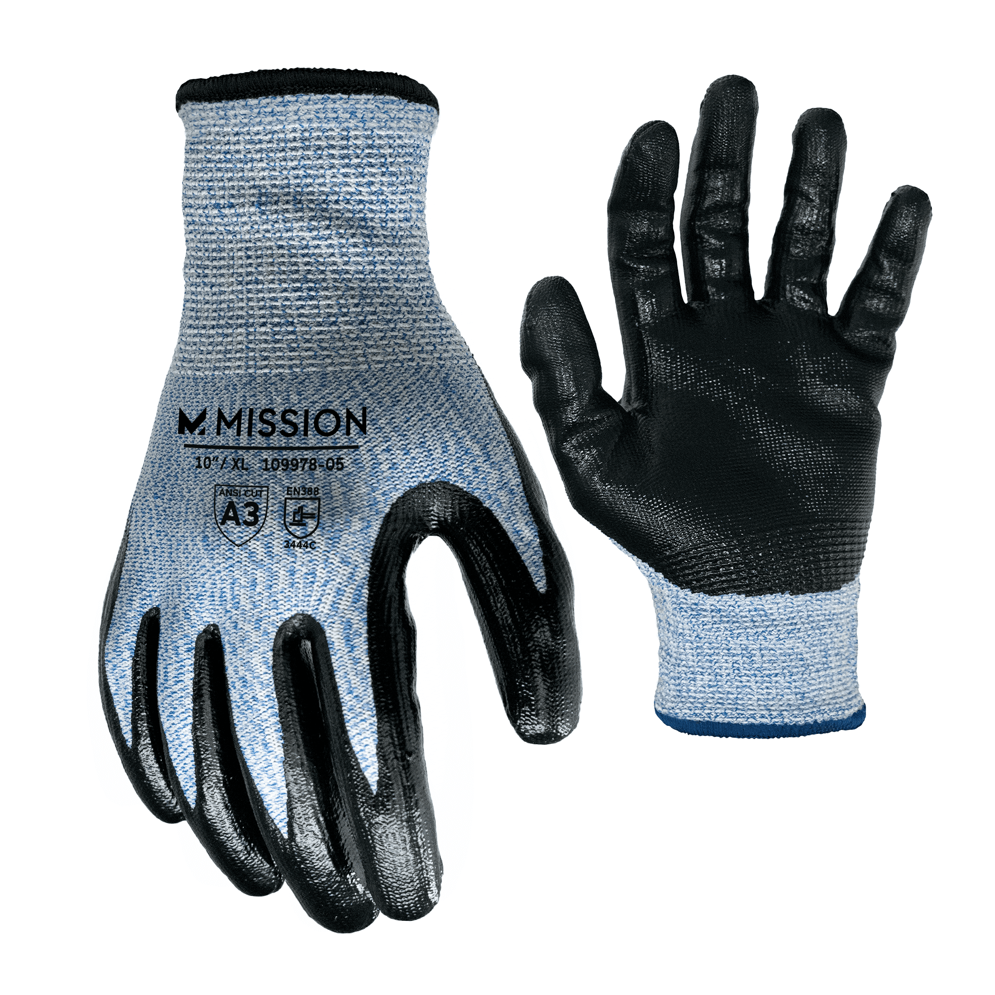 MISSION Cool Tech Work Gloves ANSI & EN Cut Level 3, Nitrile Palm, Washable, Size XL