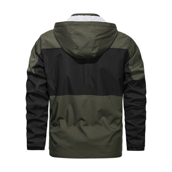 Fesfesfes Mens Winter Jacket Contrasting Color Hooded Zipper Casual Warm Windproof Pocket Motorcycle Jacket