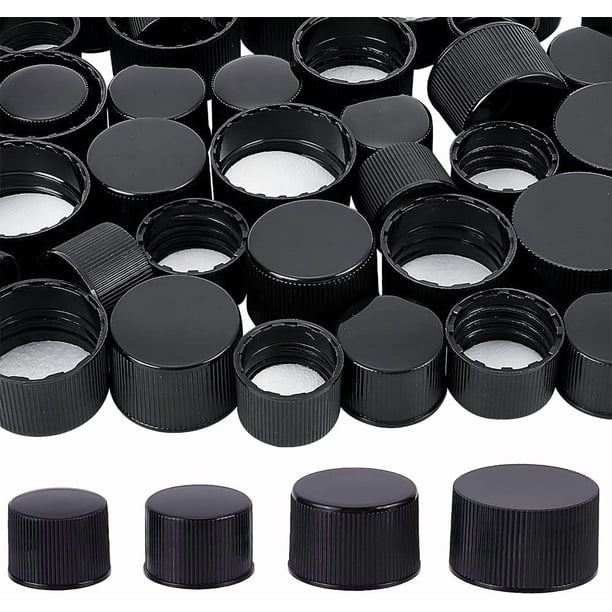 56 tapones de rosca de plástico negro con revestimiento de espuma, 4 estilos, 18 mm, 24 mm y 28 mm, planos y redondos, para frascos y botellas con rosca.