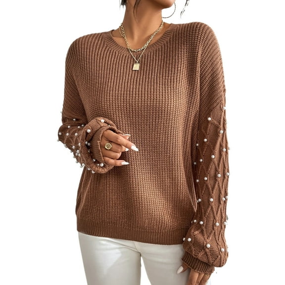 Women's Chestnut Beaded Drop Shoulder Round Neck Sweater | [ZhiHiMeRi] | (US 12-14)L