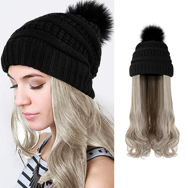 jsaierl Fashion Long Curly Hair Hat Wig One Knit Hat Wool Curl Corn