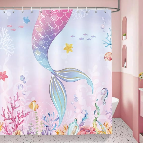 Mermaid Shower Curtain, Ocean Theme Pink Mermaid Tail Scales Coral Starfish Seashell Bathroom Curtain for Kids Girls 72x72 Inch Polyester Fabric Waterproof Bath Curtain with 12 Hooks