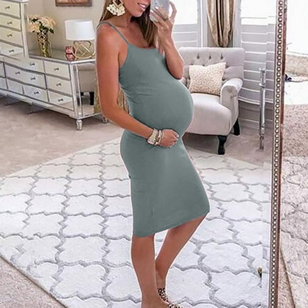 CHUANK Vetements de Maternite pour les Femmes Enceintes Robe Sexy Sans Manches Col Rond Moyen Long avec Bretelles Robe de Maternite de Couleur Unie