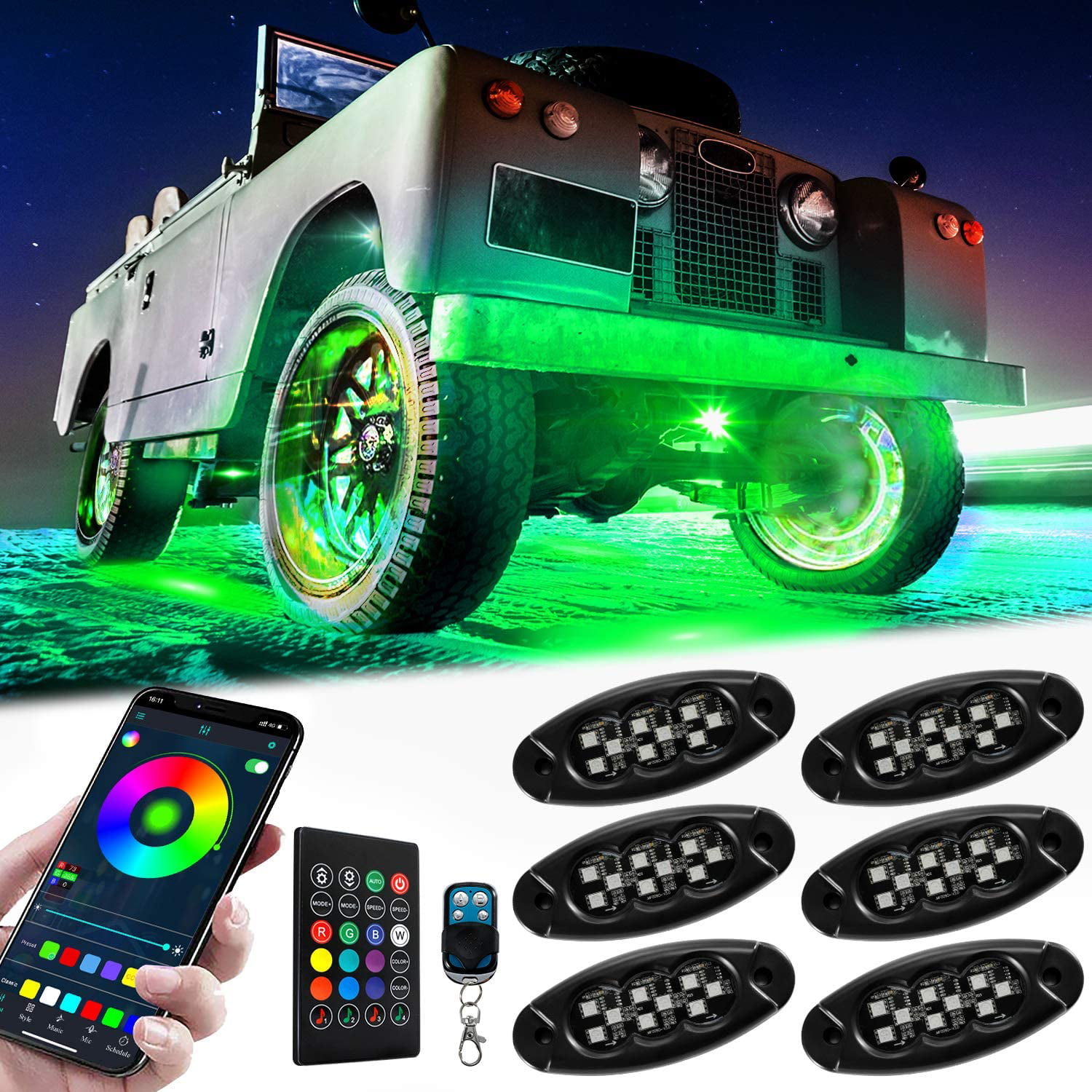 RGB LED Rock Lights 90 LEDs Underglow Neon Lights Kit Waterproof Interior Atmosphere Lights for Truck Jeep Off Road Car APP Control Music Mode Timing Function 