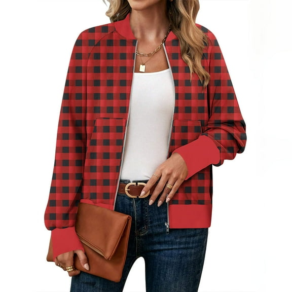 Womens Lightweight Plaid Jackets Stand Collar Zip up Checkered Coat Casual Long Sleeve Outerwear with Pockets New Womens Jackets Casual Fall Red XXL