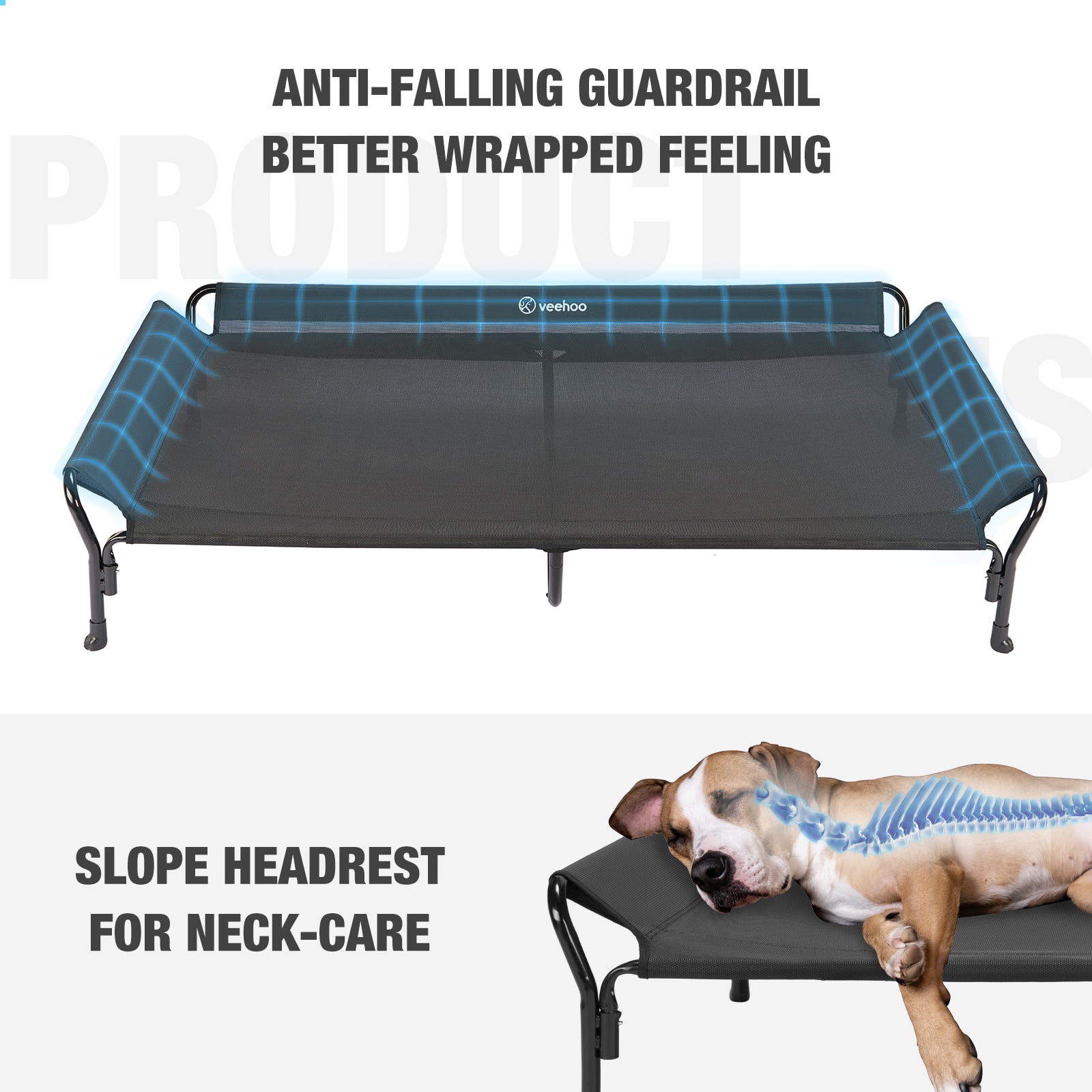Veehoo Cooling Elevated Dog Bed with Guardrail & Slope Headrest, Teslin Mesh, X Large, Black